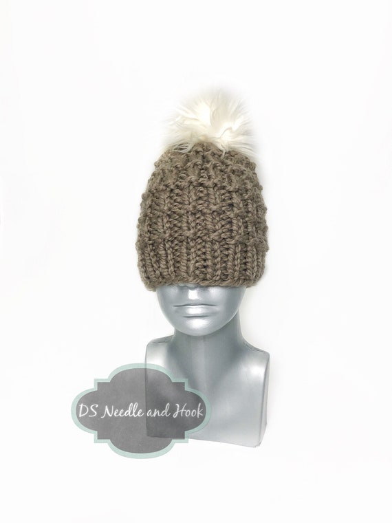 Chunky Knit Beanie in Cream and Brown Brown and Cream Beanie With Faux Fur Pompom, Chunky Brown  main image 2