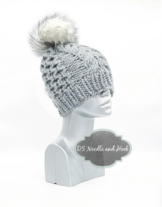 Light Gray Chunky Knit Hat With Faux Fur Pompom, Silver 
