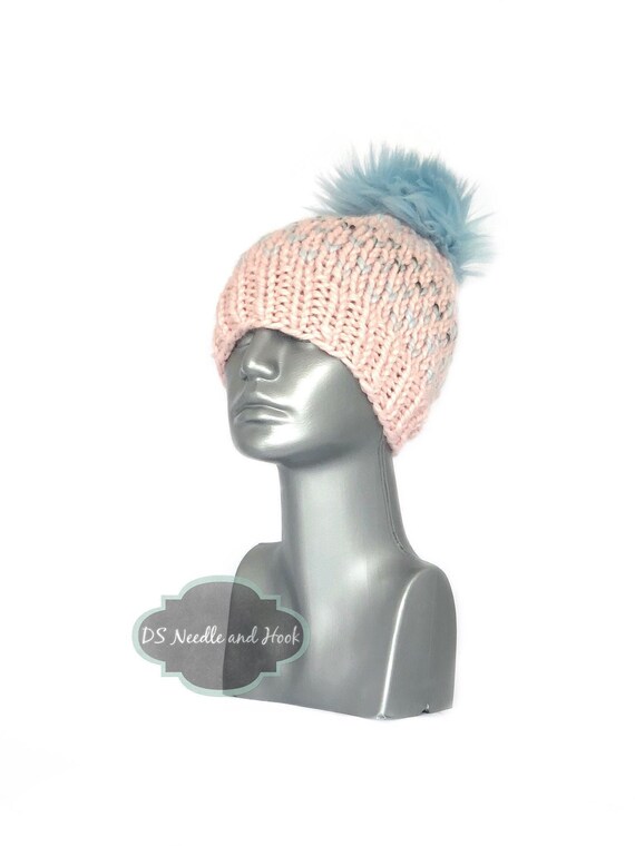 Blue and Pink Knit Beanie With Faux Fur Pom, Chunky Blue  display picture 1