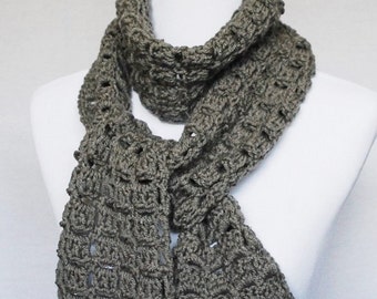 Gray Crochet Scarf, Long Neck Warmer, Wrap Cowl - Textured, Block Stitch