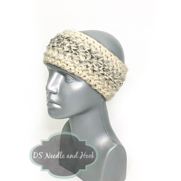 Cream and Black Crochet Headband, Chunky Brown and Tan Ear Warmer, Oatmeal Head Wrap, Neutral Knit Winter Headband, Head Warmer