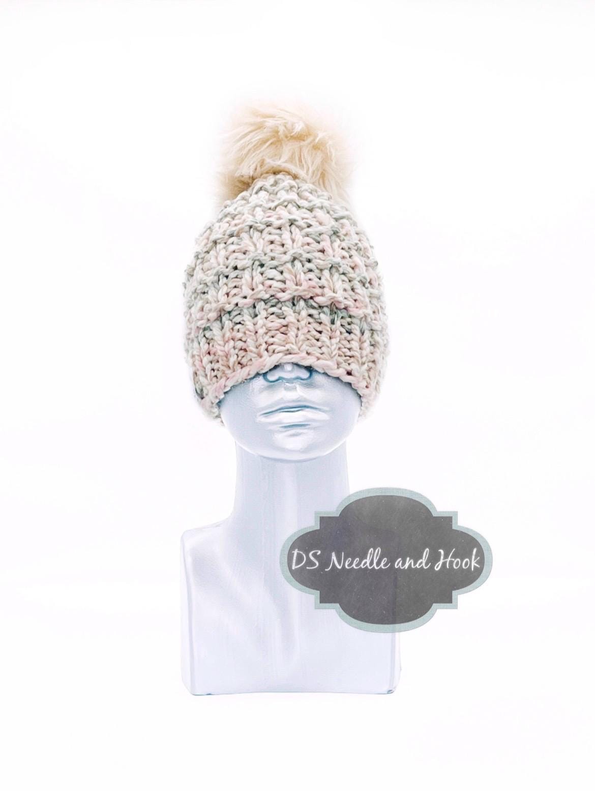 Cream, Green and Pink Knit Beanie With Faux Fur Pom, Chunky  display picture 3