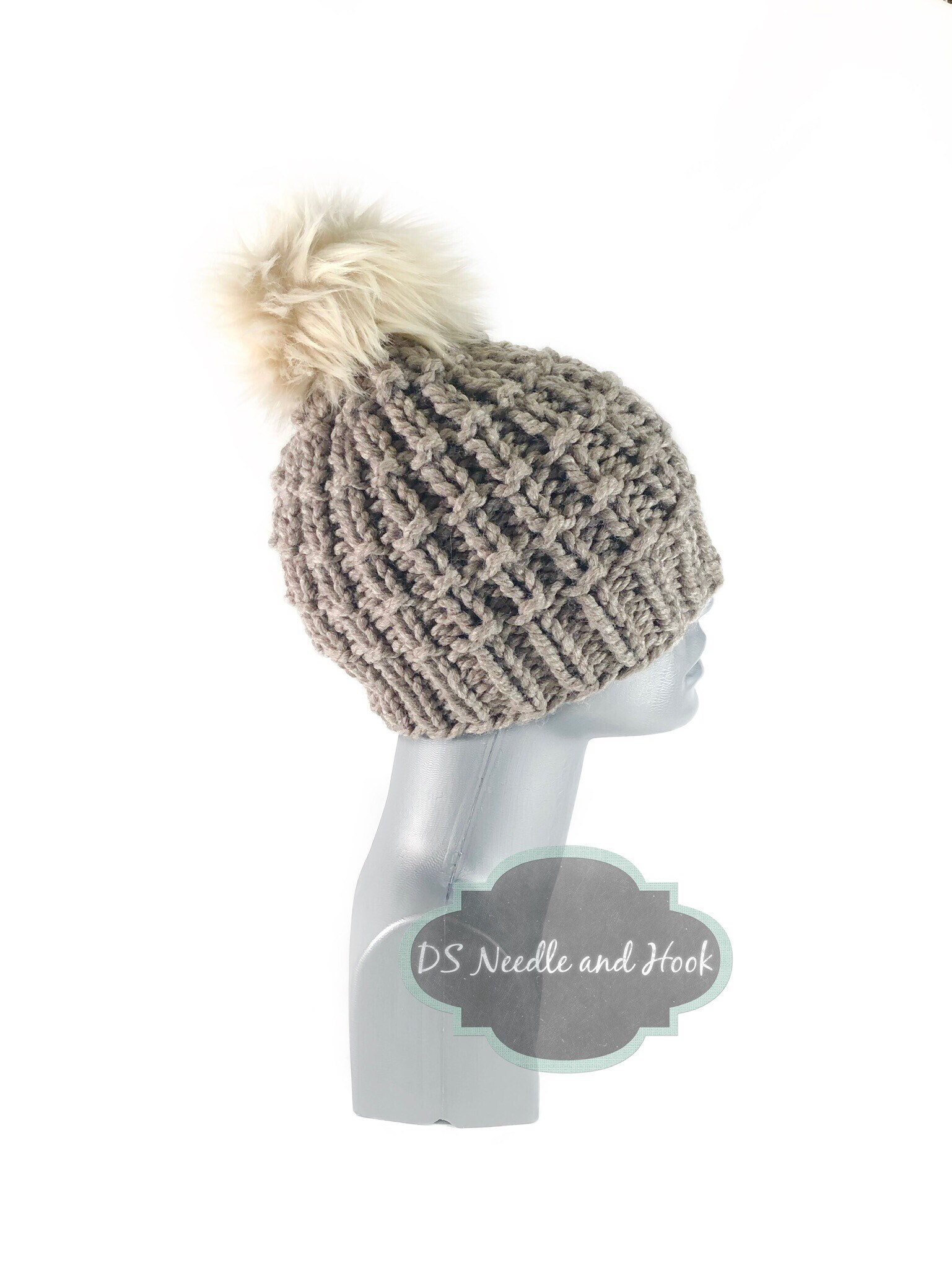 Taupe Knit Beanie With Cream Fur Pom 