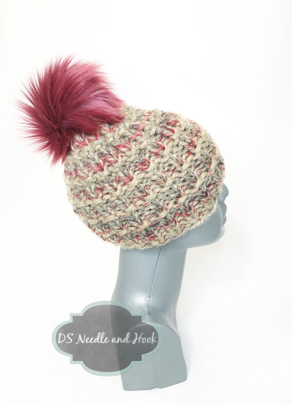 Red, Cream, Beige Knit Pom Pom Beanie, Handmade Maroon  display picture 3