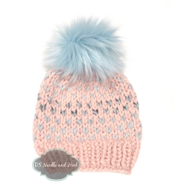 Blue and Pink Knit Beanie With Faux Fur Pom, Chunky Blue  display picture 2
