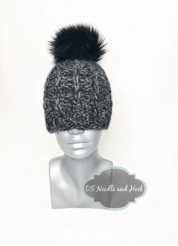 Black and Gray Chunky Knit Hat With Faux Fur Pom, Black Knit  display picture 2