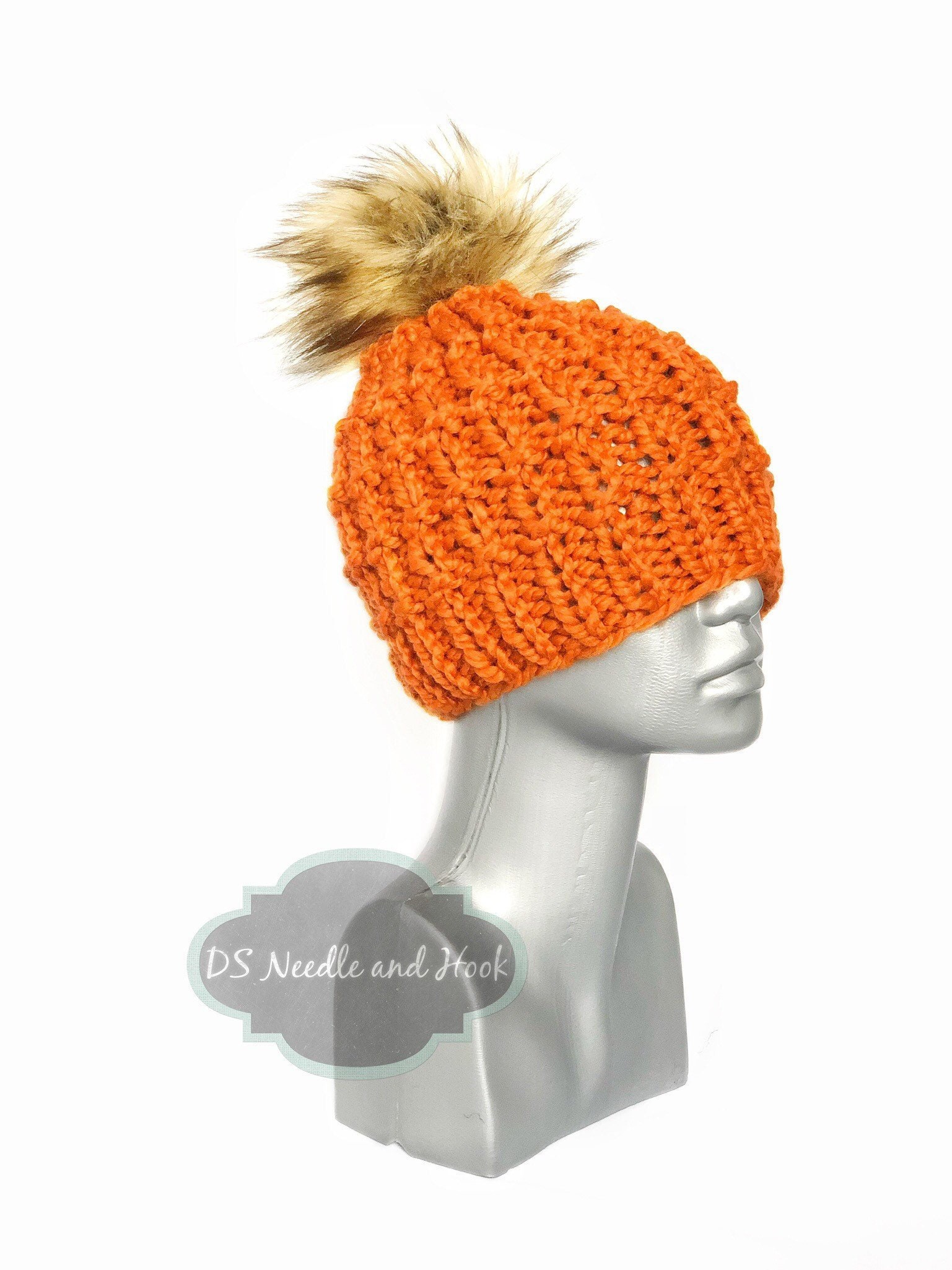 Orange Knit Beanie With Faux Fur Pom, Pumpkin Knit Hat 
