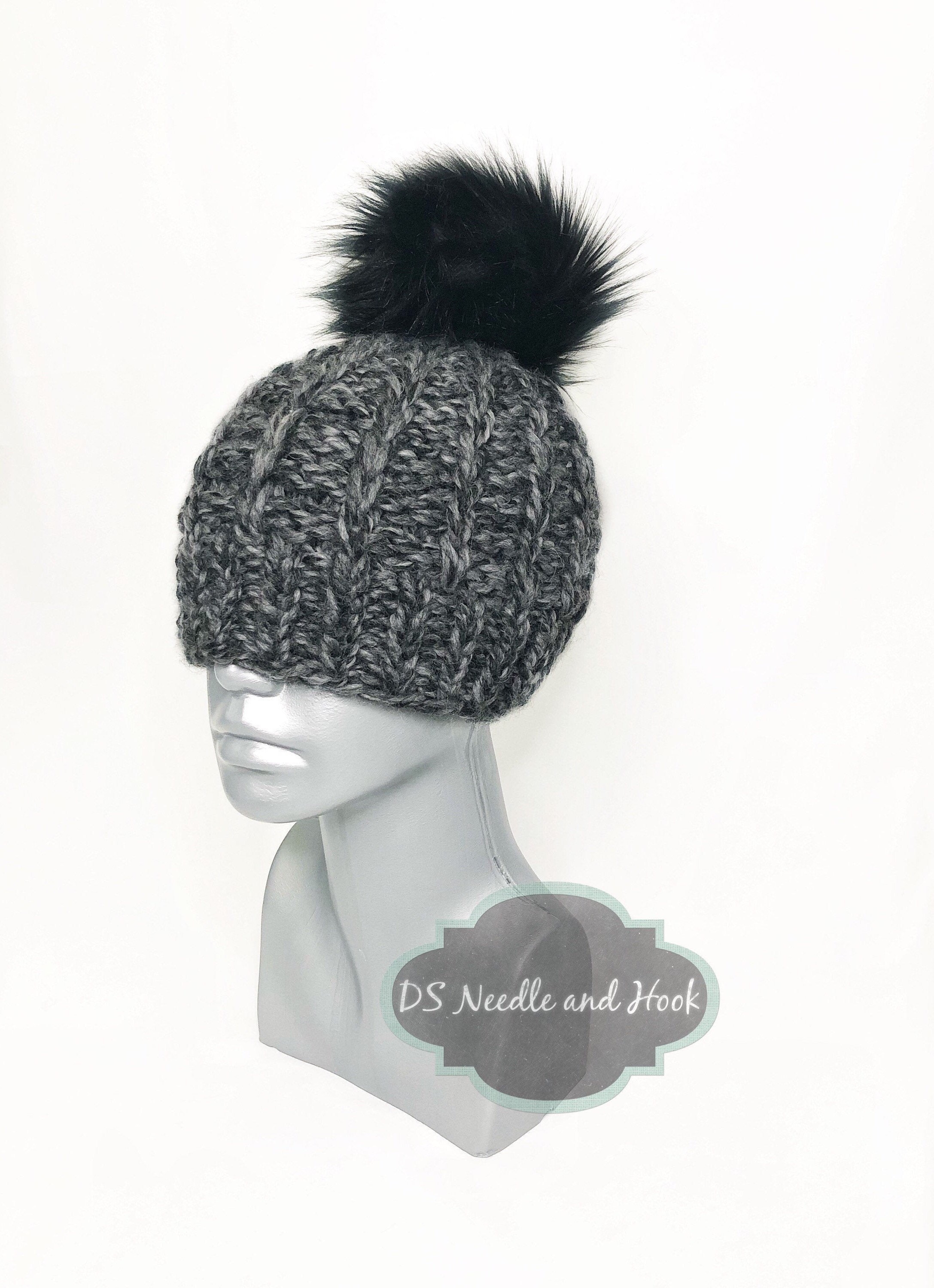 Elegant Black and Gray Fur Pom-Pom Hat Black Pom Pom Hats – Luxy London main image 3