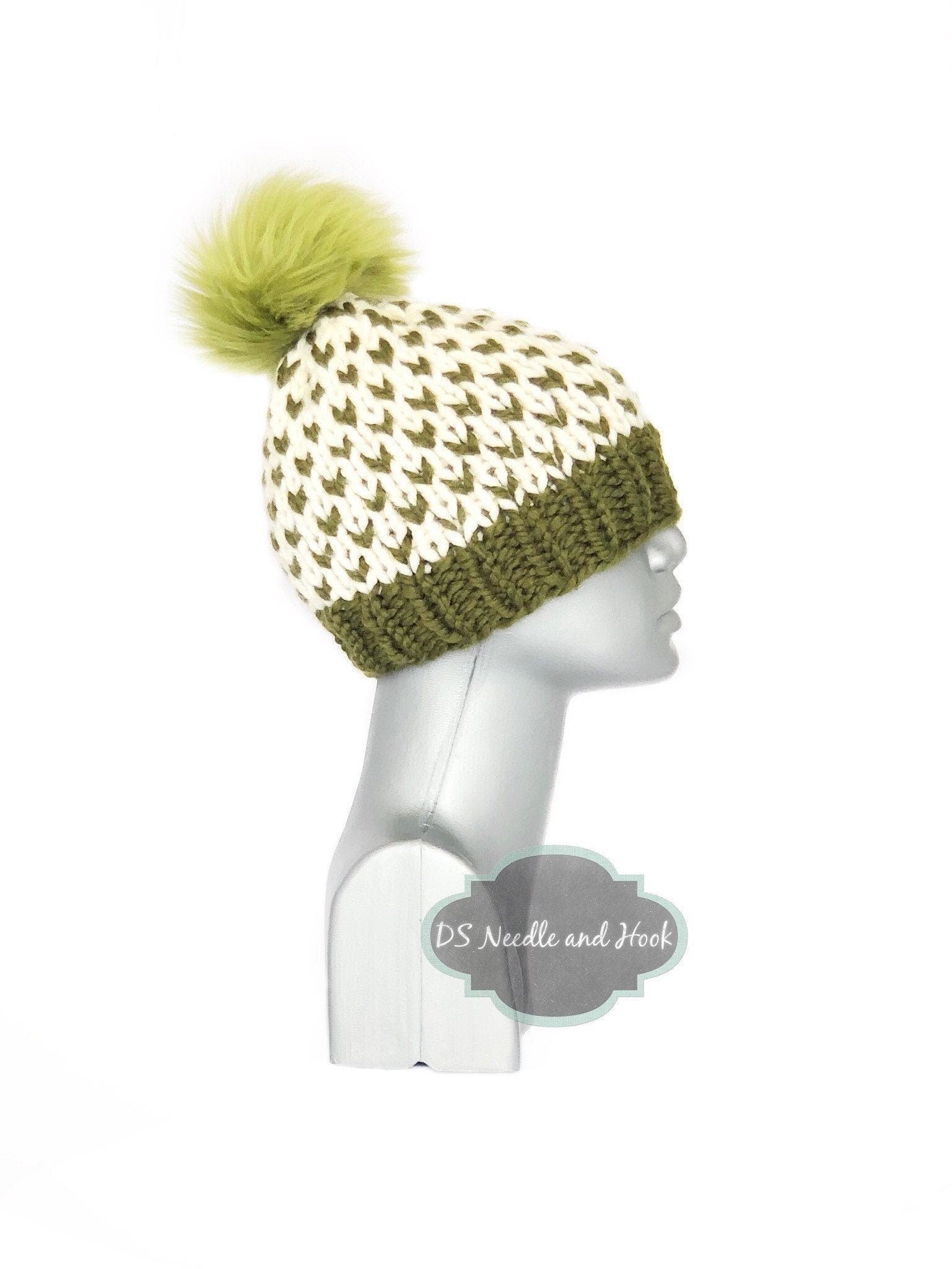 Green and Cream Knit Hat With Faux Fur 