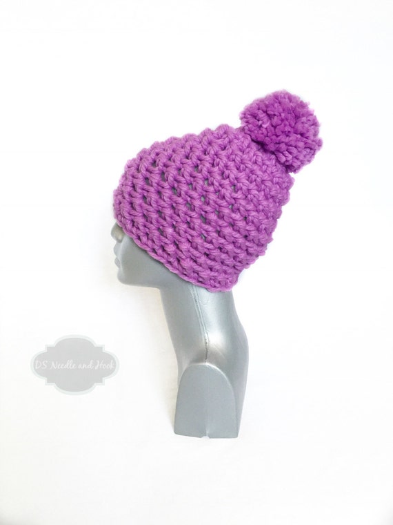 Purple Chunky Beanie With Pom, Pink Crochet Hat, Plum Winter  display picture 2