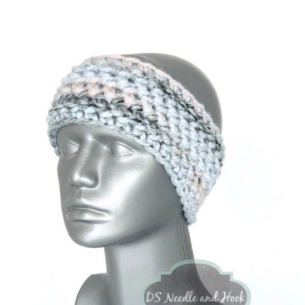 Pink and Blue Crochet Headband, Gray and Blue Ear Warmer, Pastel Knit Head Wrap, Grey and Pink Winter Headband, Pastel Crochet Head Warmer