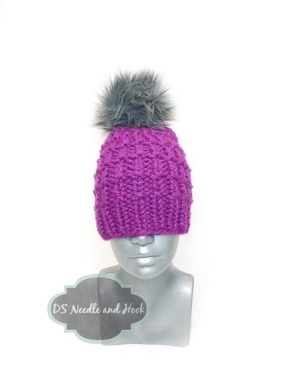 Pink Chunky Beanie With Faux Fur Pompom, Fuchsia Knit Hat 