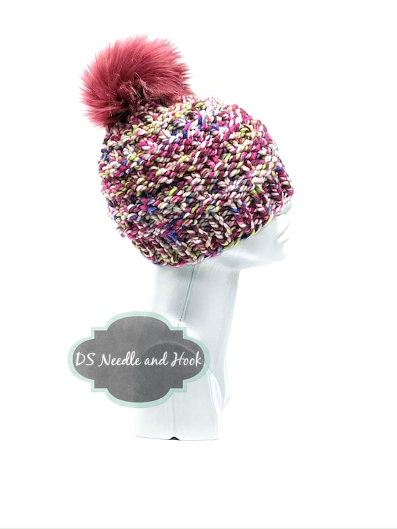 Pink and Purple Knit Pom-Pom Hat Adult Knit Pom Hat | Purple Pink Beanie | b.e.happe main image 4