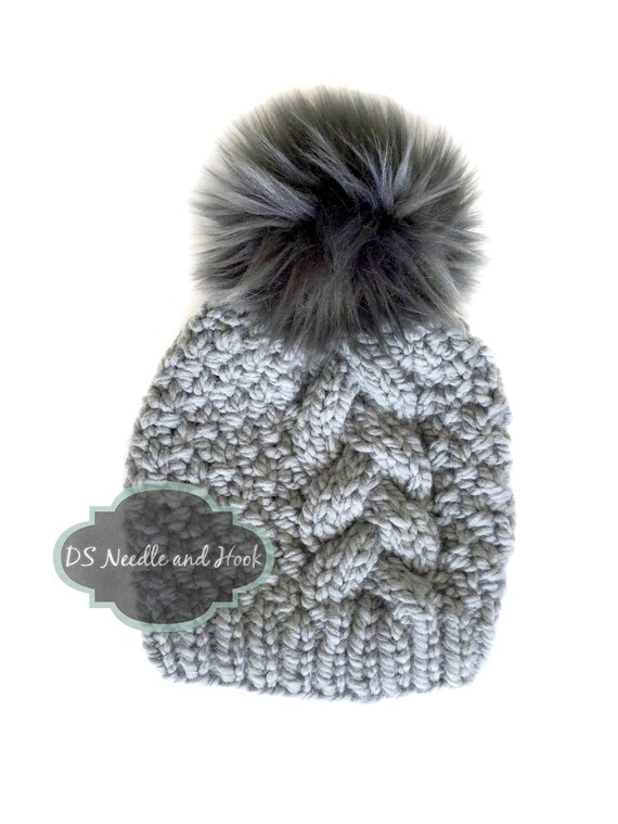 Gray Chunky Knit Hat With Faux Fur Pom, Charcoal Gray Knit  display picture 2