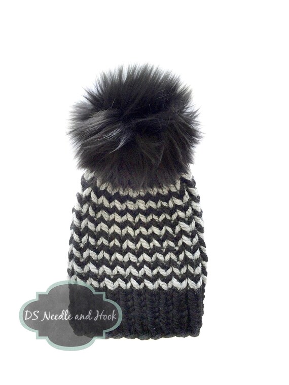 Black and Gray Chunky Knit Hat With Faux Fur Pompom 