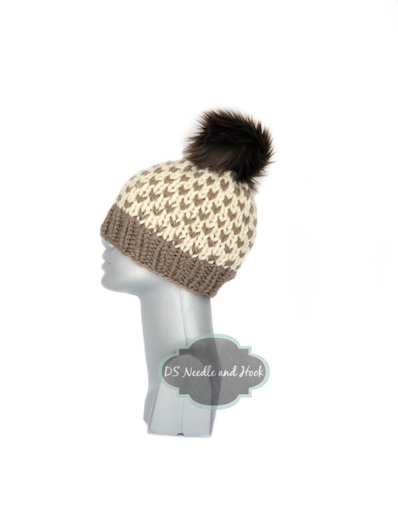 Brown and Cream Beanie With Faux Fur Pompom, Chunky Brown 