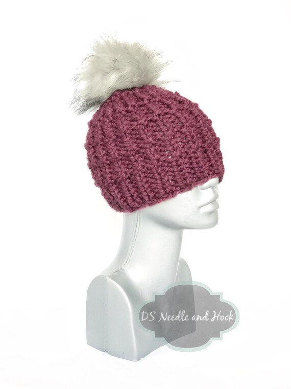 Plum Chunky Beanie With Faux Fur Pompom 