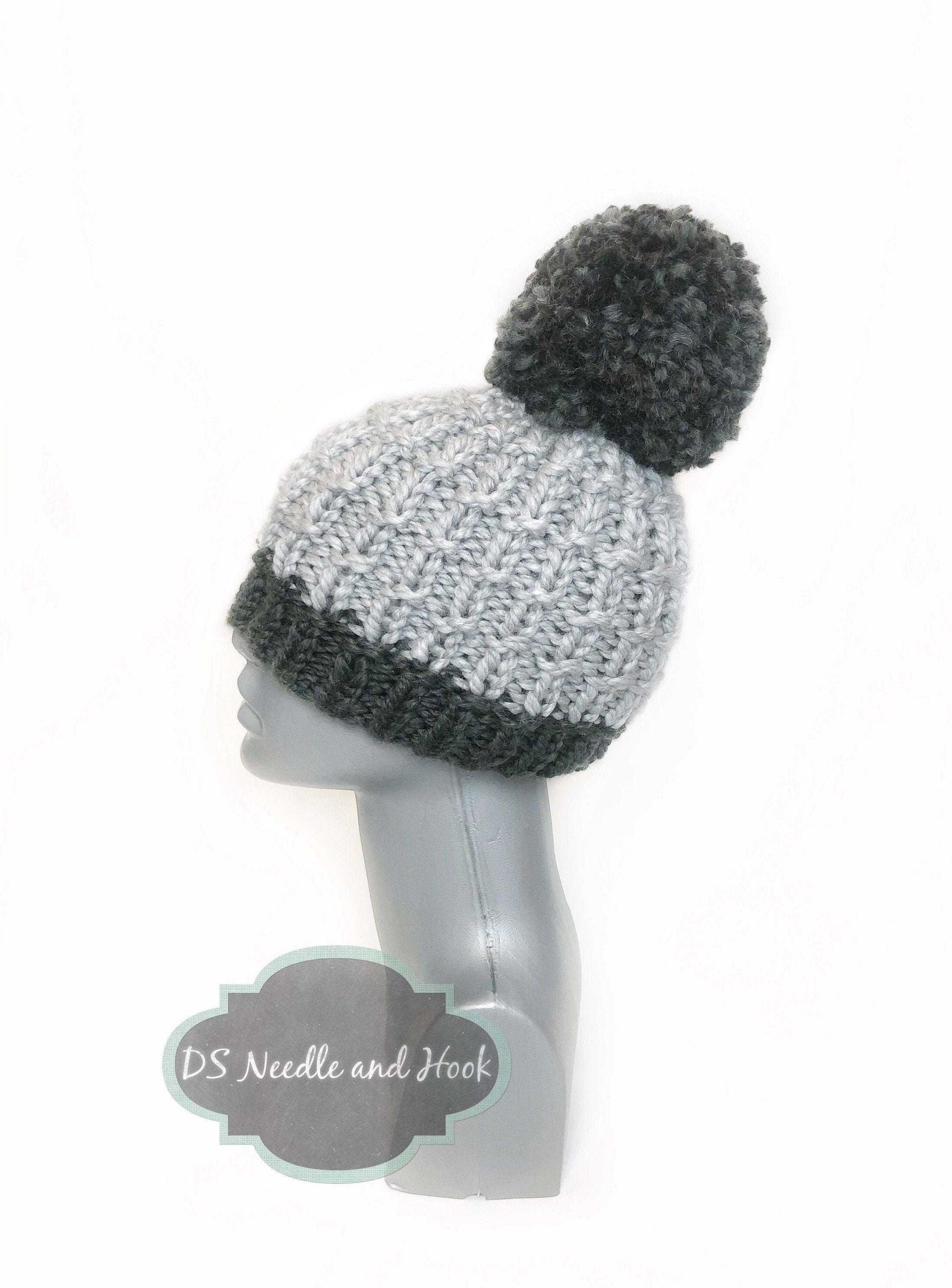 Light Grey Chunky Knit Hat with Pom Pom, Silver Gray Ribbed Knit Beanie, Gray Heather Winter Hat , Ribbed Knit Hat, Women's Ski Cap
