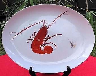 Prawn/Shrimp Design Porcelain Serving Platter, Y.Y Made in Japan Large Serving Dish, Yonemoto Store Honolulu Hawaii Collectible Plate