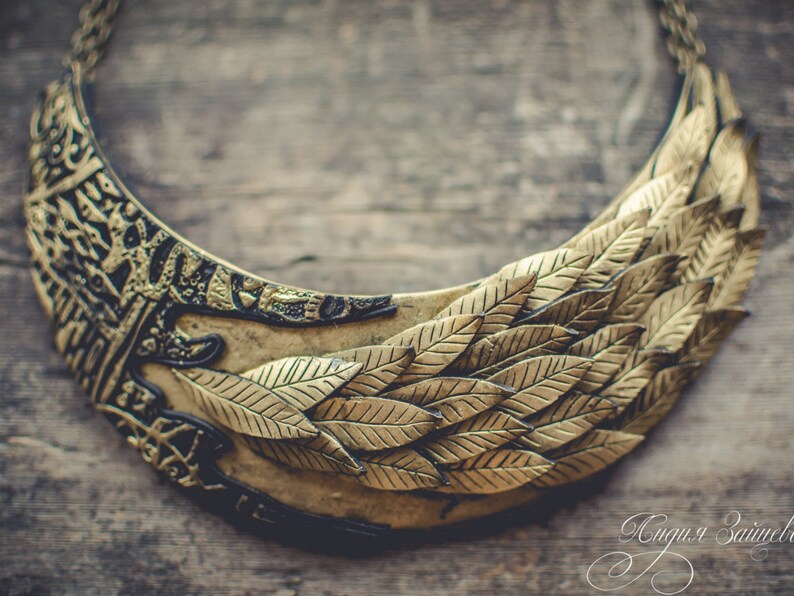 Statement necklace Bib necklace gold necklace gold leaf necklace polymer clay necklace Large gold necklace