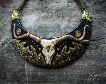 Bull skull Statement necklace large Bib necklace brown gold necklace boho necklace polymer clay necklace