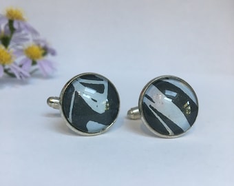Unique Handmade Cufflinks with fragment of Original Linocut Print by Jo Booth