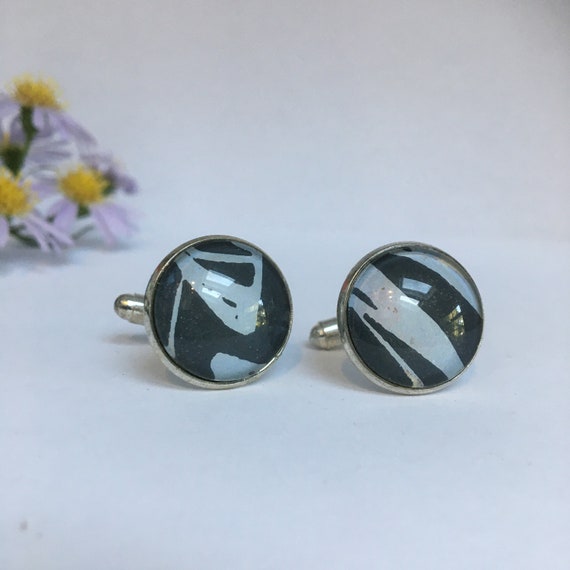 Unique Handmade Cufflinks with fragment of Original Linocut Print by Jo Booth