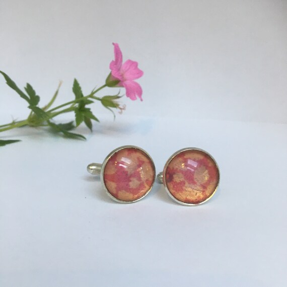 Unique Handmade Cufflinks with fragment of original Liberty fabric in Pink