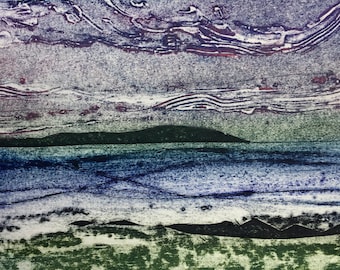 Unique Collagraph Handmade Print -Looking out from the island