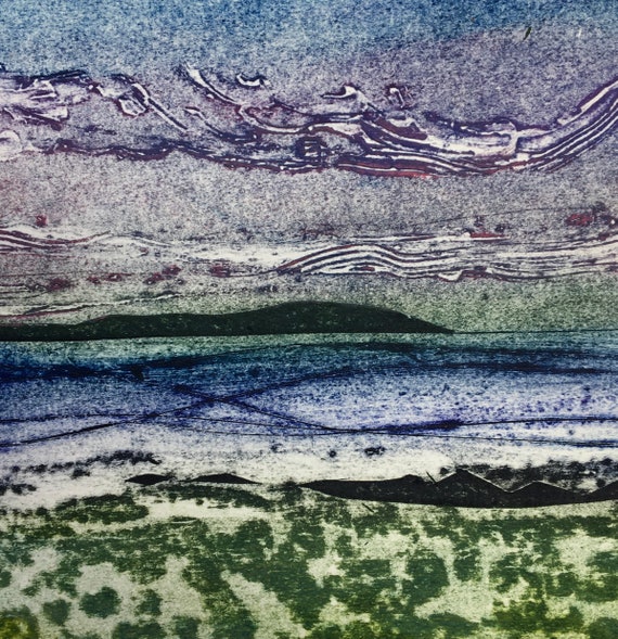 Unique Collagraph Handmade Print -Looking out from the island