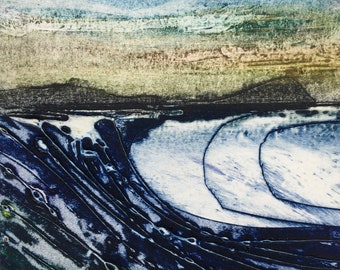 Unique Collagraph Handmade Print - In Penzance looking towards the Mount