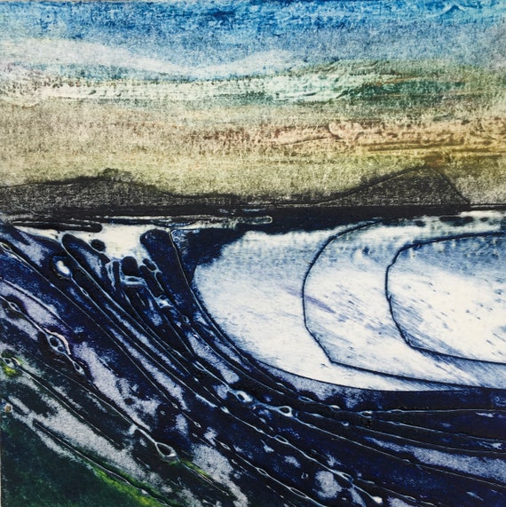 Unique Collagraph Handmade Print - In Penzance looking towards the Mount