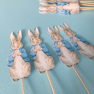 May include: Cupcake toppers featuring Peter Rabbit illustrations. The toppers depict Peter Rabbit in a blue jacket, attached to wooden sticks. The toppers are arranged on a light blue surface, suitable for a children's party.