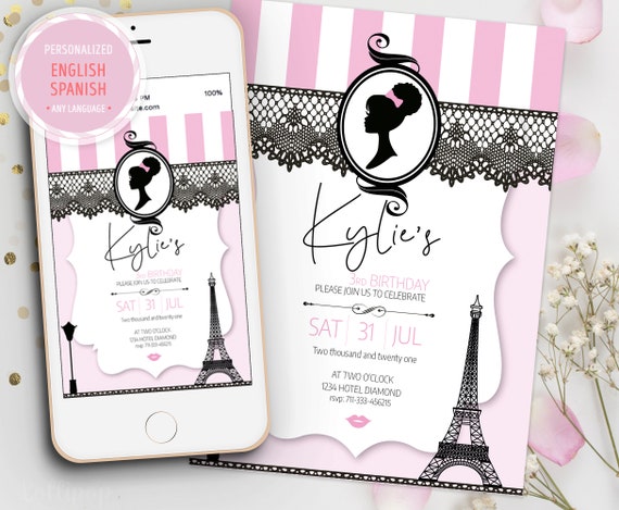 Afro Barbie Paris Fashion birthday invite, Barbie Paris birthday invitation, Afro girl barbie birthday invitation, Barbie Paris, any age Il_570xn