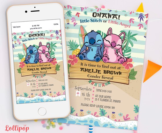 Stitch and Angel Gender Reveal Invitations, Stitch and Angel Baby Shower, Stitch and Angel Invites E-invite. Digital invite Stitch and angel Il_570xn