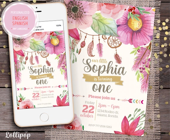 Dream Catcher Boho Flowers Birthday Invitation, Dream Catcher Invitation, Birthday Invitation, digital birthday any age Il_570xn
