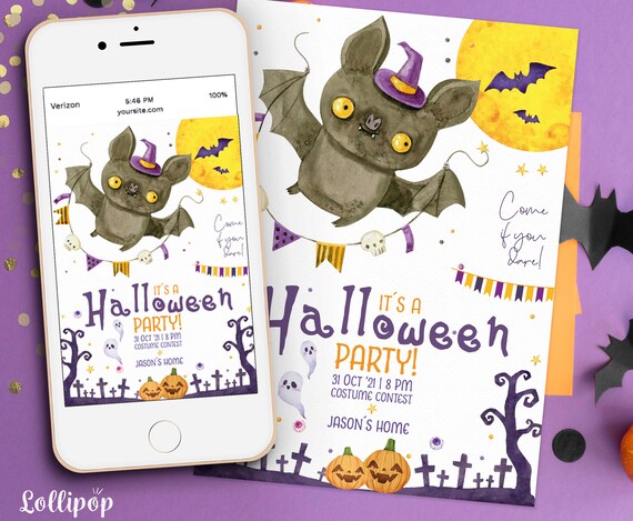 Halloween bat Digital party invitation. Halloween invites. Halloween party kids. E-invite. Digital invite Any Age Il_570xn