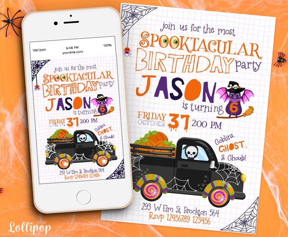 HALLOWEEN BIRTHDAY INVITE, Halloween Truck Invitation, Halloween Party, Fall Birthday, Truck or Treat, Trunk or Treat,Digital invite Any Age Il_570xn