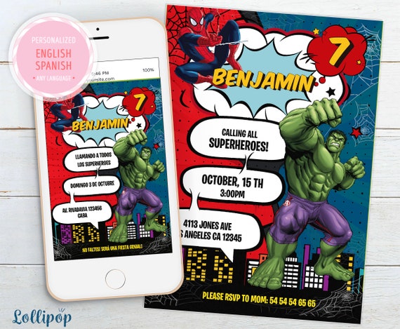 Hulk and Sppiderman Birthday Invitation, Dual Combined Birthday Invite, Superhero birthday, Comics Avenger party, Digital or Printed Any Age Il_570xn