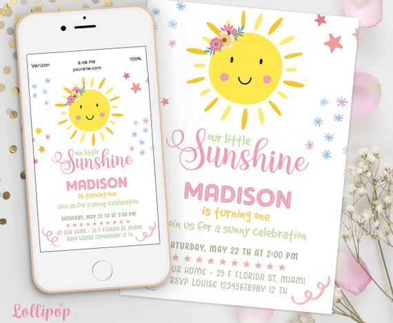 Our little sunshine birthday invite, party sunshine birthday invitation, girl sun birthday invitation, sun invite, digital birthday any age Il_570xn