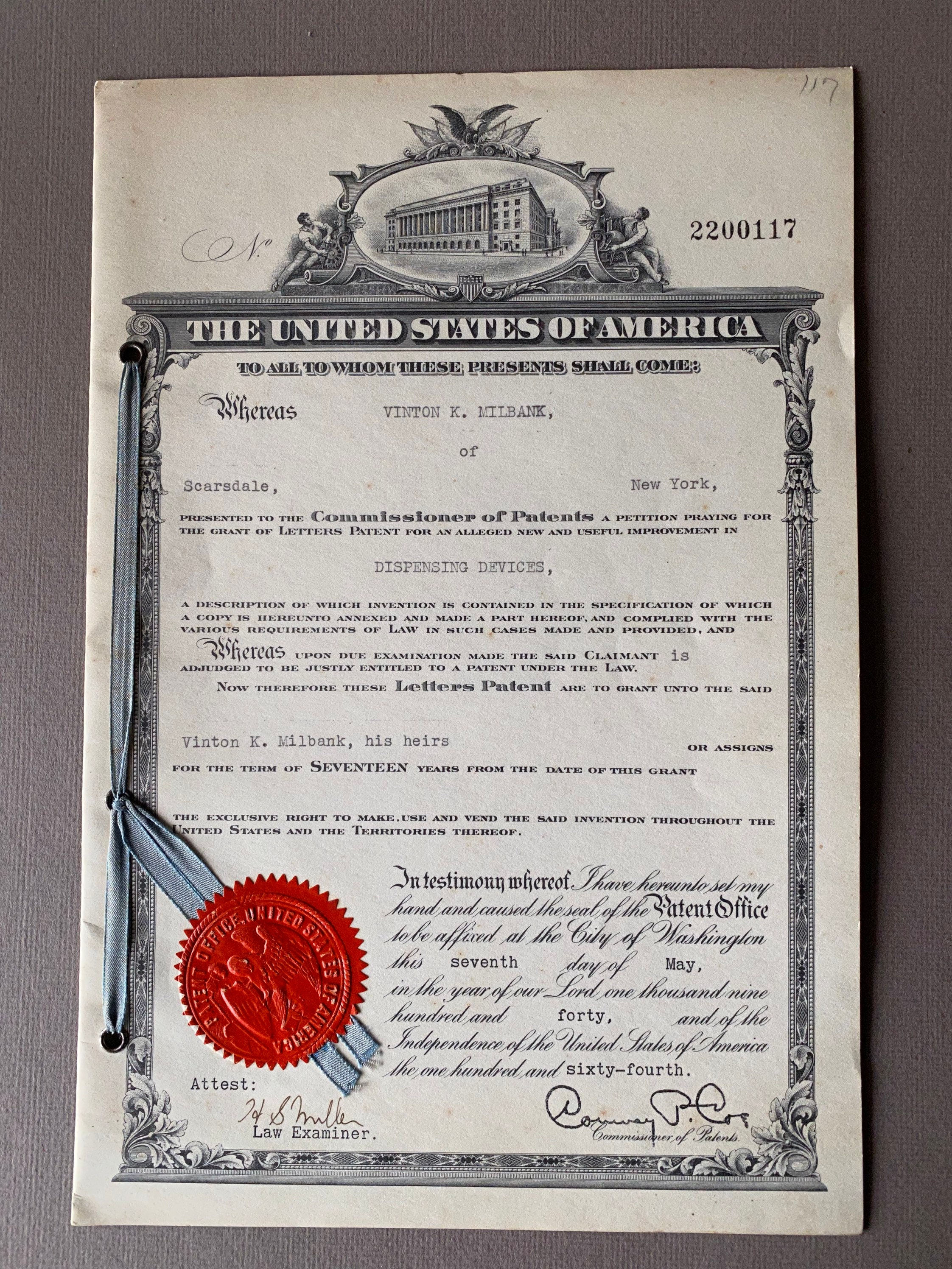 US Patent for a Dispensing Devices 1940