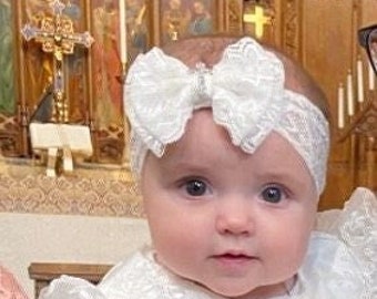 Off White Baptism Headband - Lace Baptism Headband - Off White Christening Headband - Lace Bow Headband for Baptism - Baptismal Headband