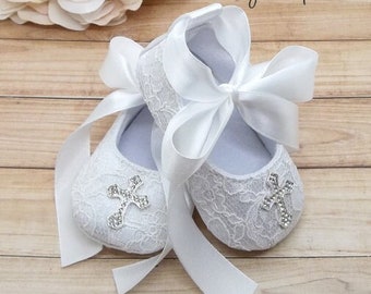 White Lace Baptism Shoes - White Christening Shoes - Baptismal Shoes Girls - Dedication Shoes - Goddaughter Gift - Baptism Gift