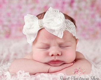 Off White Lace Baptism Headband - Christening Headband - Lace Baby Headband - Baby Flower Girl Headband - Pearl Headband Baby