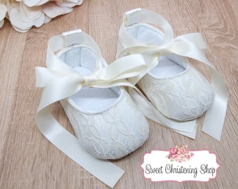 Ivory Baptism Shoes - Christening Shoes for Girl - Dedication Shoes - Baby Flower Girl Shoes - Ivory Lace Baby Shoes -  Baby Dress Shoes