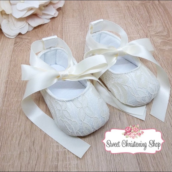 Ivory Baptism Shoes - Christening Shoes for Girl - Dedication Shoes - Baby Flower Girl Shoes - Ivory Lace Baby Shoes -  Baby Dress Shoes