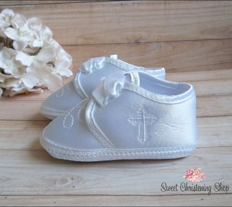 White Satin Boys Baptism Shoes with Crosses Boys Christening Etsy