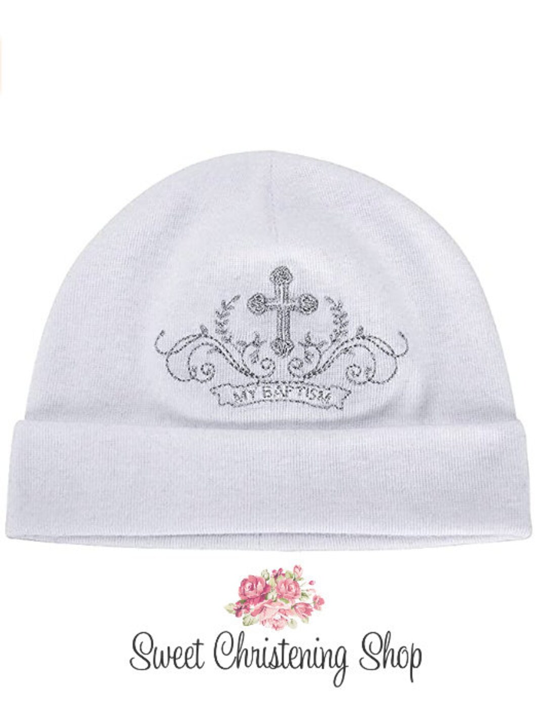 Boys Baptism Hat With Silver Embroidered Cross Boys Hat With Cross