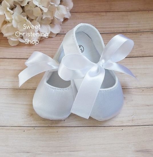 White Satin Baby Girl Baptism Shoes Christening Shoes Baby Etsy