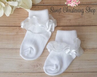 Christening Socks - Baptism Socks -  Flower Girl Socks - Tutu Socks for Toddler - Baby Ruffle Socks - Baby Tutu Socks - White Ruffle Socks